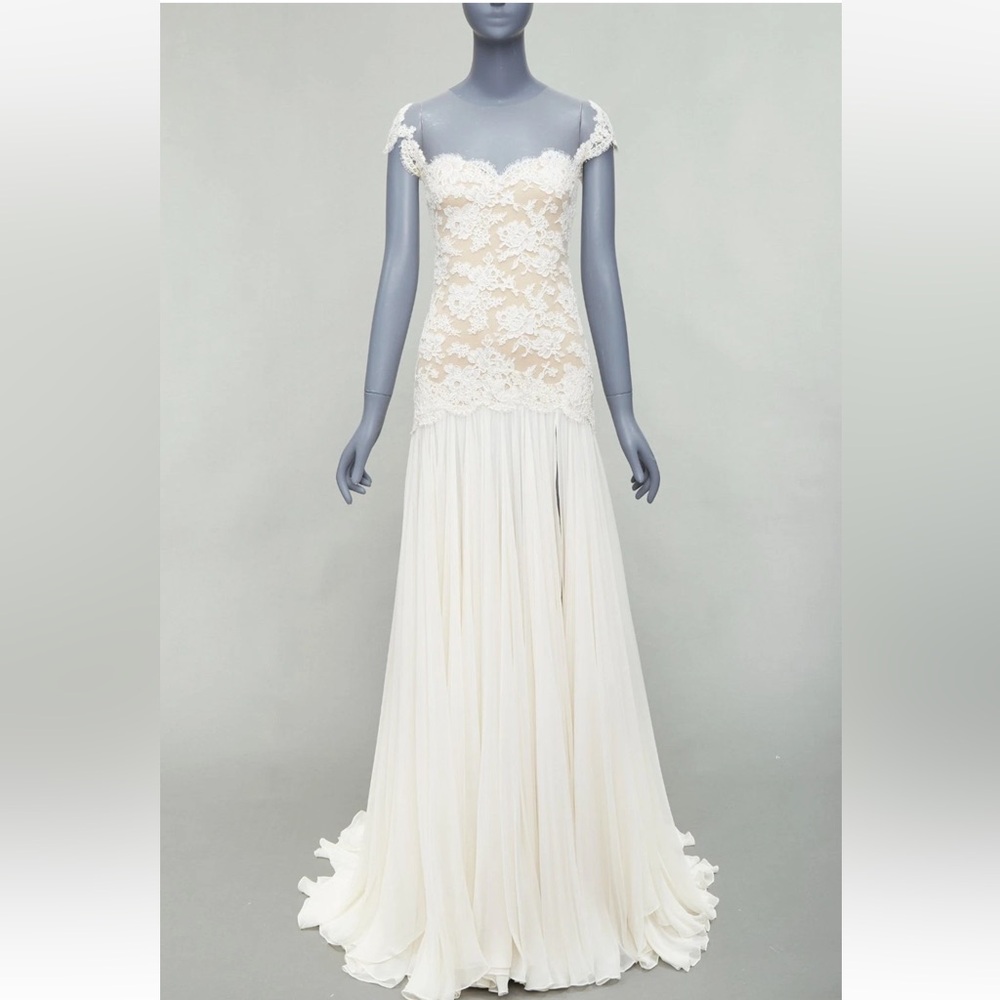 REEM ACRA 2014 Runway cream silk nude lace wedding gown US0 XS